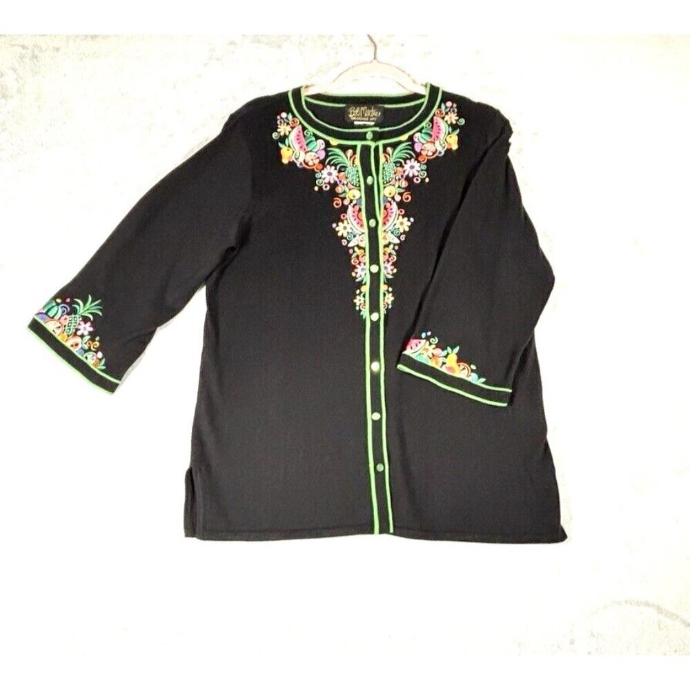 Vintage Bob Mackie Embroidered Floral/Fruit Cardigan Black Sweater Women's Sz L